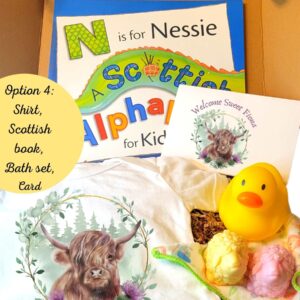 Scottish Baby or Toddler Gift Box, Highland Cow Baby, Scottish Onesie, Bodysuit, Scottish Baby Book, Clan and Tartan Baby, Scotland Baby