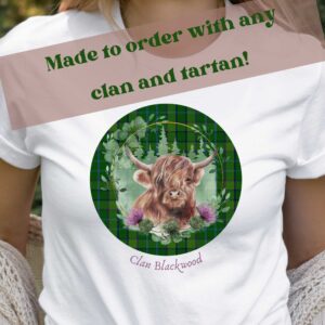 Highland Cow Tartan Shirt with Choice of Clan and Tartan, Highland Cow Scottish Gift for her, Red Cow, Heifer tartan shirt