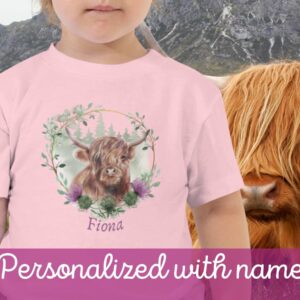 Toddler Highland Cow Scottish shirt, Personalized toddler shirt, baby onesie, child size, women's size, Scotland gift, Scottish Thistle