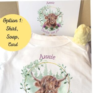 Scottish Baby or Toddler Gift Box, Scottish Onesie, Bodysuit, Scottish Baby Book, Highland Cow Baby, Clan and Tartan Baby, Scotland Baby